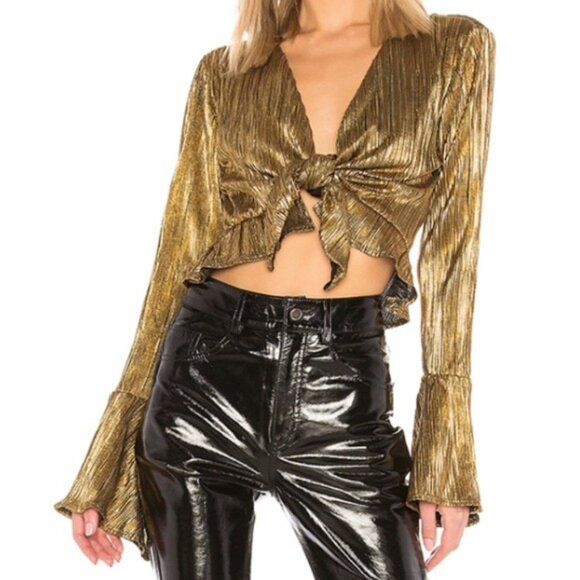 DONNA MIZANI X Revolve Rory Metallic Gold Bell Sleeve Tie Front Top Sz S - Picture 1 of 7